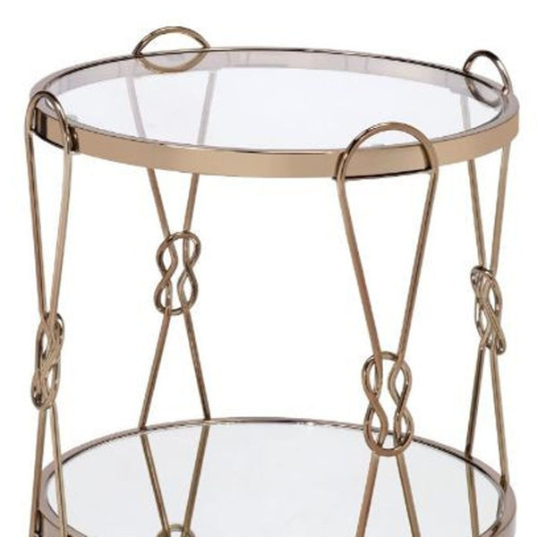 HomeRoots 23" Gold Mirrored End Table with Metal Base - Chic Round Design & Convenient Storage Shelf 486370