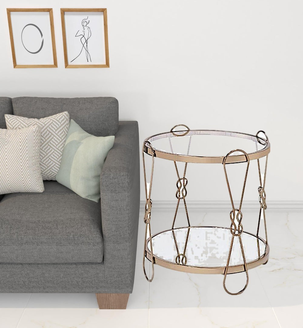 HomeRoots 23" Gold Mirrored End Table with Metal Base - Chic Round Design & Convenient Storage Shelf 486370