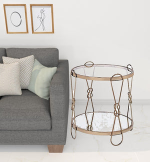 HomeRoots 23" Gold Mirrored End Table with Metal Base - Chic Round Design & Convenient Storage Shelf 486370