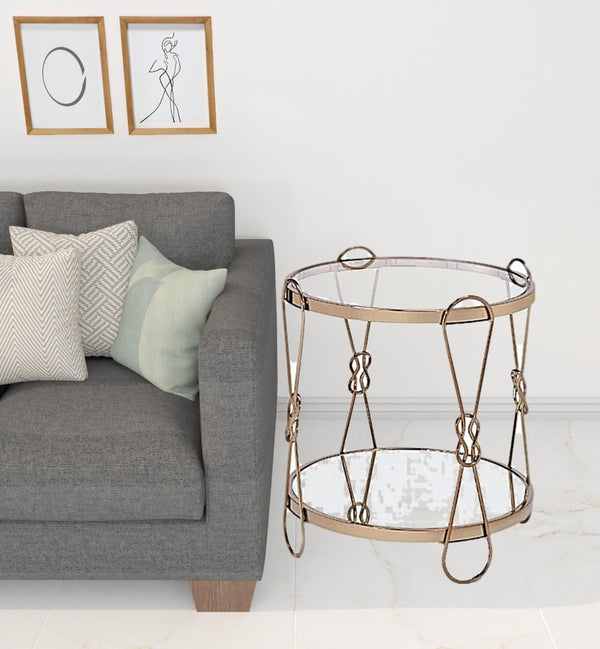 HomeRoots 23" Gold Mirrored End Table with Metal Base - Chic Round Design & Convenient Storage Shelf 486370