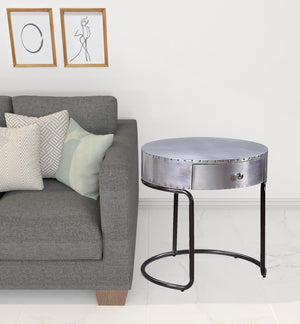 Homeroots 21" Aluminum And Manufactured Wood Round End Table With Drawer   486384