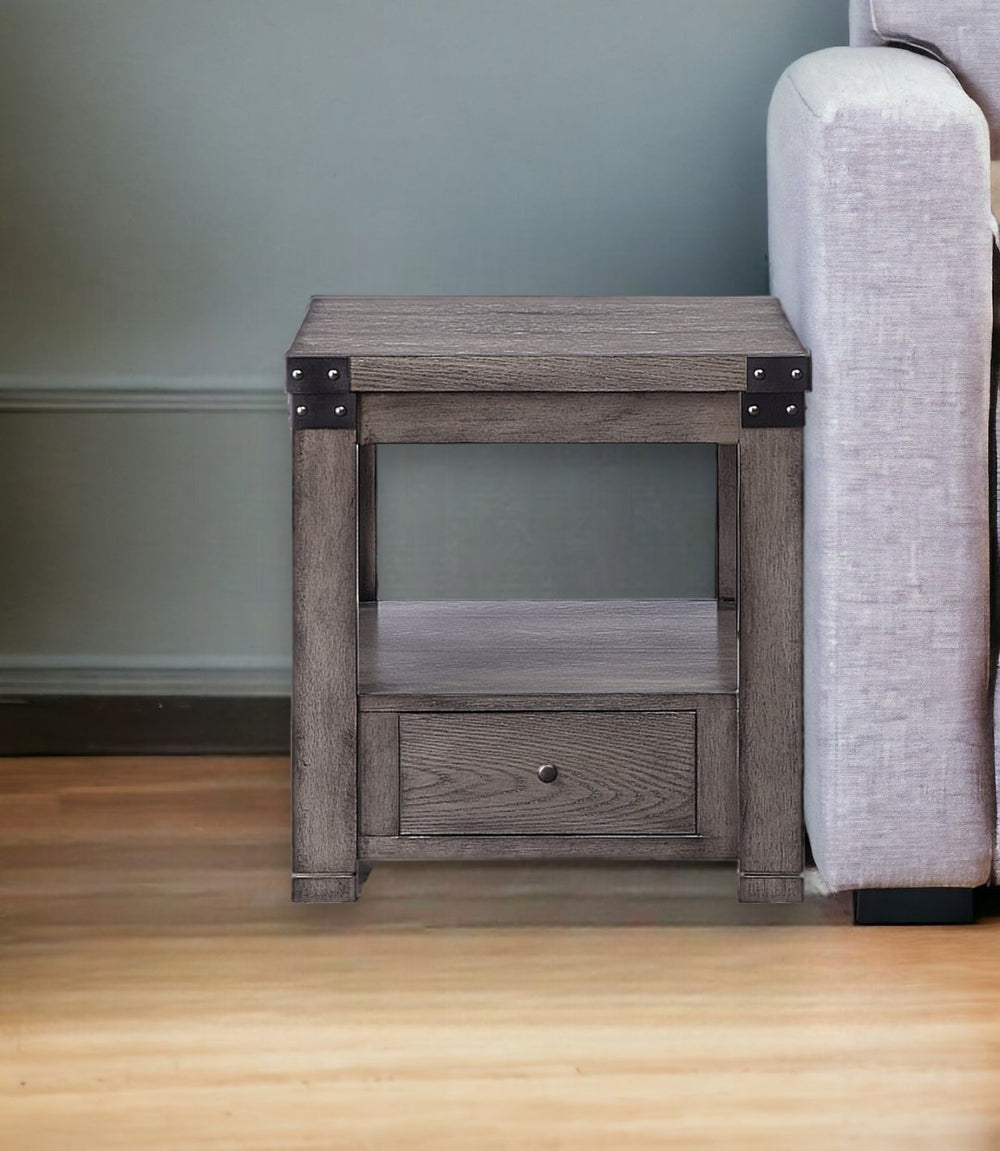 HomeRoots 24" Dove Gray Square End Table – Modern Farmhouse Style with Drawer & Shelf for Versatile Storage 486397