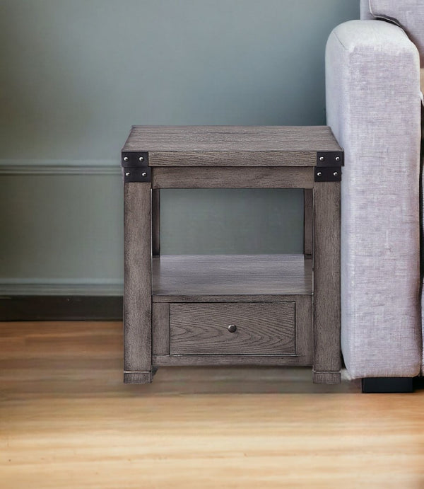 HomeRoots 24" Dove Gray Square End Table – Modern Farmhouse Style with Drawer & Shelf for Versatile Storage 486397