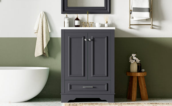 English Elm 24'' Bathroom Vanity with Ceramic Sink Combo Modern Freestanding MDF Cabinet with Soft-Close Doors and Sleek Silver Handles for Spacious Organized Bathroom Storage Blue Gray N710P194893C