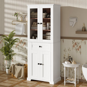 English Elm 67.2" Tall Bathroom Storage Cabinet with Tempered Glass Doors, Adjustable Shelves, Soft-Close Hinges and Anti-Tip Safety White N729P310006K