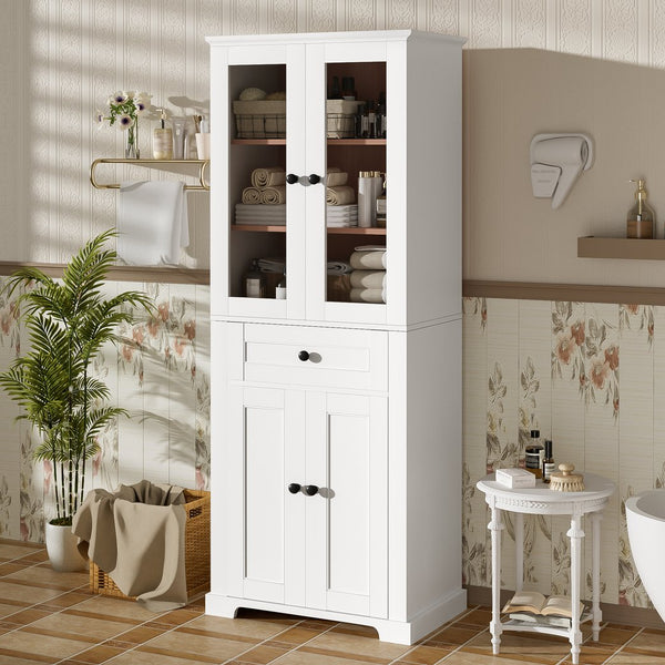 English Elm 67.2" Tall Bathroom Storage Cabinet with Tempered Glass Doors, Adjustable Shelves, Soft-Close Hinges and Anti-Tip Safety White N729P310006K