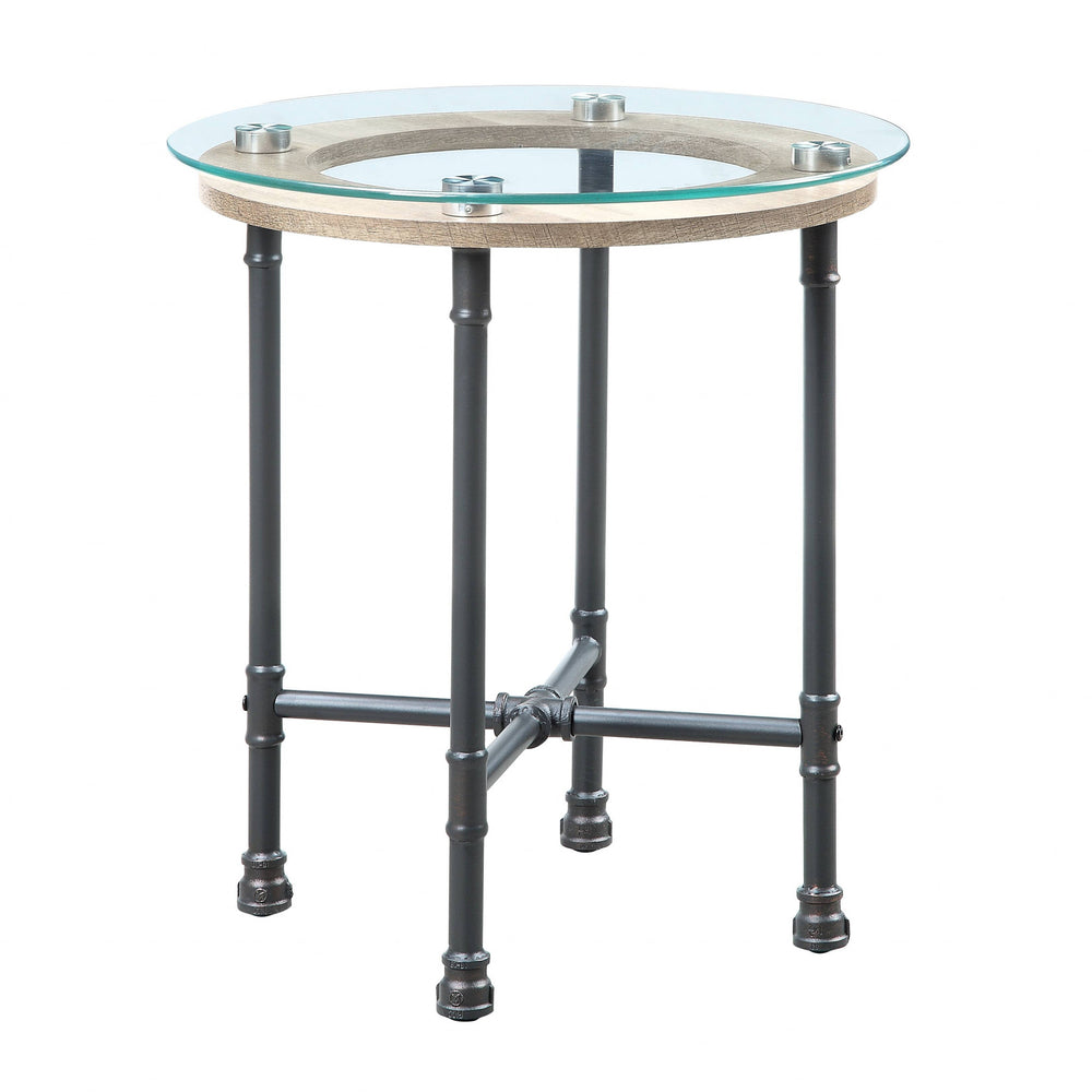 Homeroots 24" Sandy Gray And Clear Glass And Metal Round End Table   486410