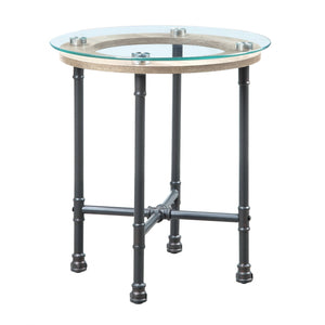 Homeroots 24" Sandy Gray And Clear Glass And Metal Round End Table   486410