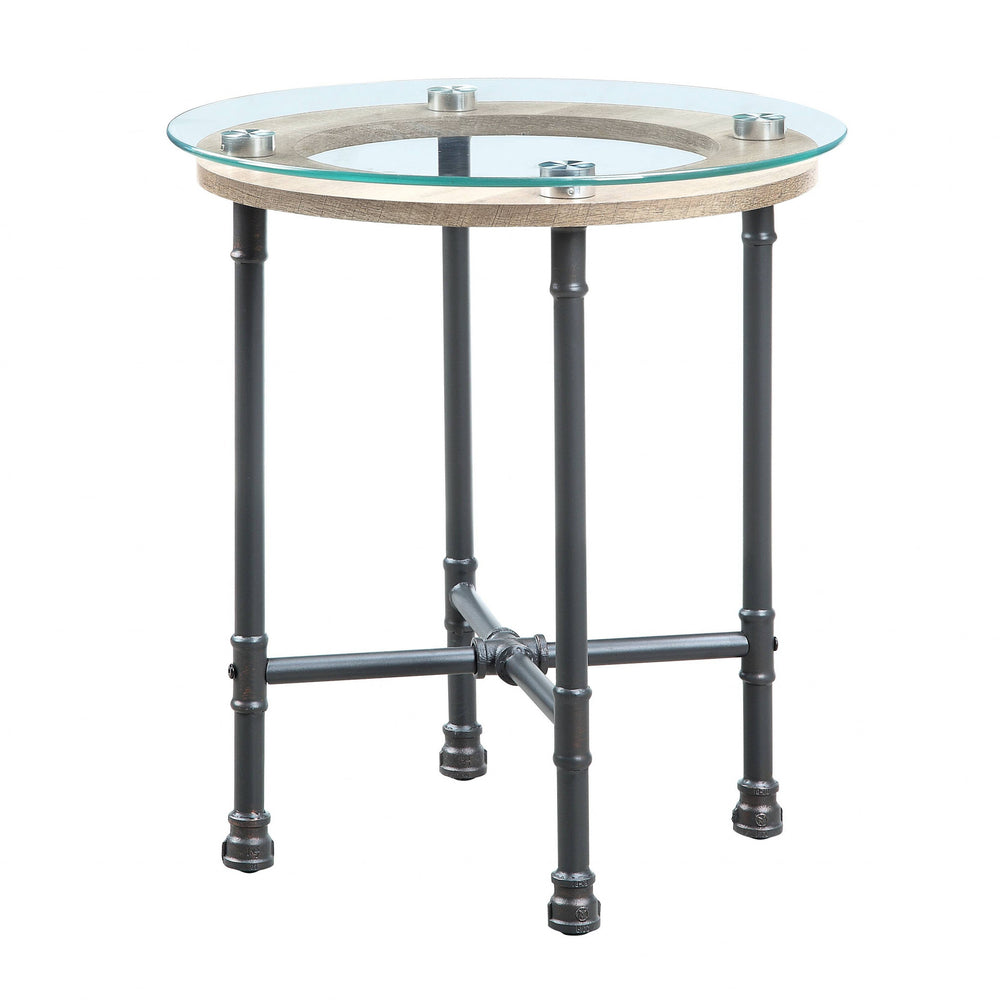 Homeroots 24" Sandy Gray And Clear Glass And Metal Round End Table   486410