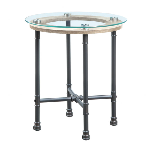 Homeroots 24" Sandy Gray And Clear Glass And Metal Round End Table   486410