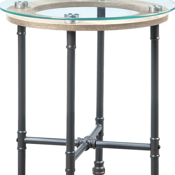Homeroots 24" Sandy Gray And Clear Glass And Metal Round End Table   486410
