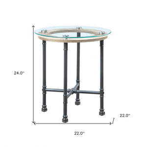 Homeroots 24" Sandy Gray And Clear Glass And Metal Round End Table   486410