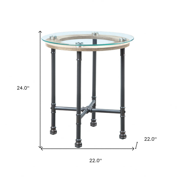 Homeroots 24" Sandy Gray And Clear Glass And Metal Round End Table   486410