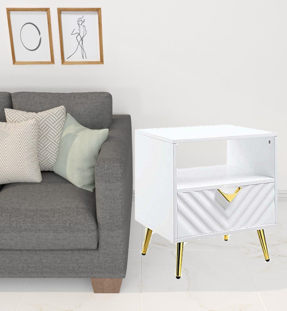 HomeRoots 22" White End Table with Drawer & Shelf - Modern Manufactured Wood & Metal Design for Any Space 486418