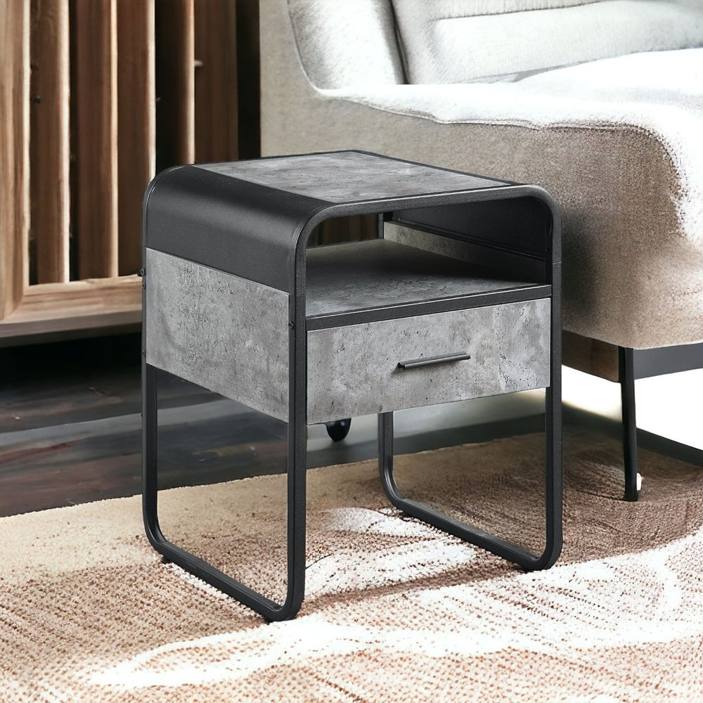 HomeRoots 22" Modern Black & Gray Square End Table with Drawer, Shelf - Stylish, Space-Saving Design for Any Room 486420
