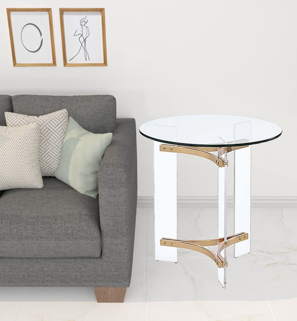 HomeRoots 24" Gold and Clear Glass Round End Table - Modern Glam Accent Table for Living Room or Bedroom 486421