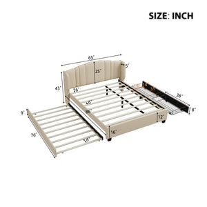 English Elm Upholstered Platform Bed with Wingback Headboard, Twin Trundle & 2 Storage Drawers, Linen Queen Frame Beige 83 L x 9.5 W x 8.75 H N733S208132A