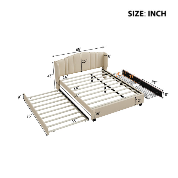 English Elm Upholstered Platform Bed with Wingback Headboard, Twin Trundle & 2 Storage Drawers, Linen Queen Frame Beige 83 L x 9.5 W x 8.75 H N733S208132A