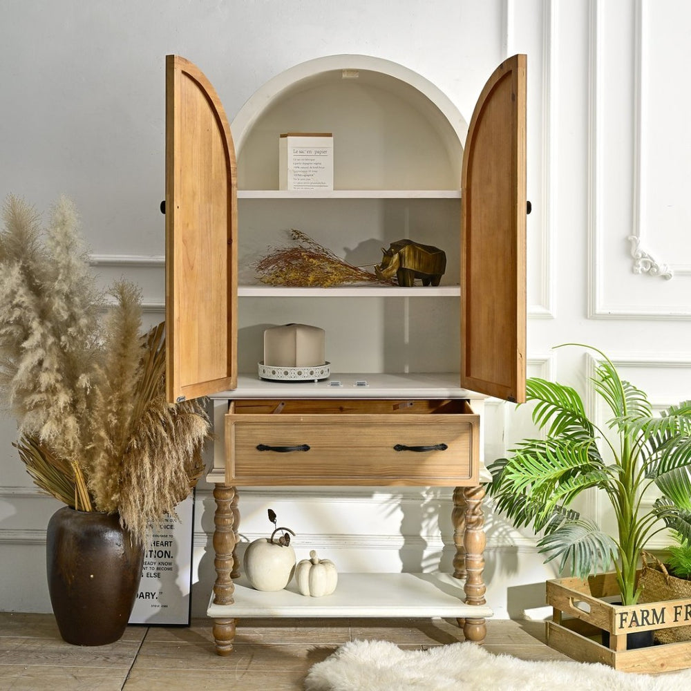 English Elm 31.50" Floral Carved Wood Accent Cabinet with Arched Doors Drawer and Shelf W3933P379106