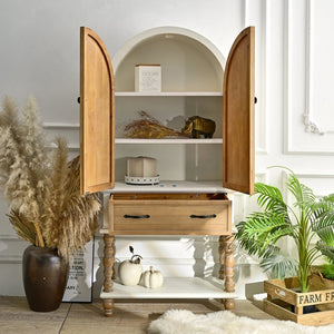 English Elm 31.50" Floral Carved Wood Accent Cabinet with Arched Doors Drawer and Shelf W3933P379106