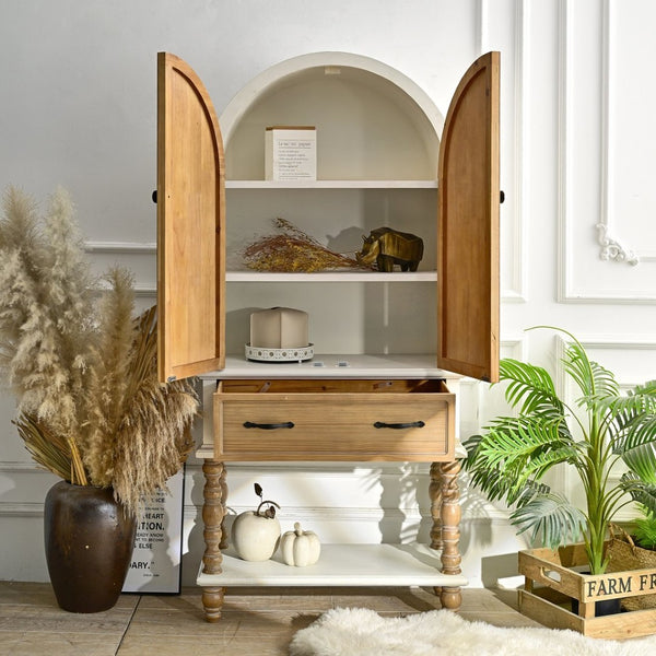 English Elm 31.50" Floral Carved Wood Accent Cabinet with Arched Doors Drawer and Shelf W3933P379106