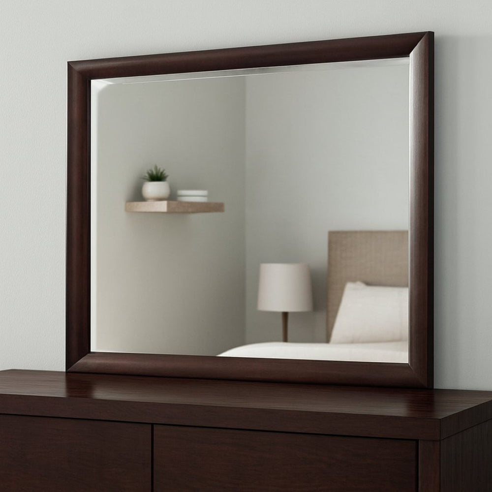 HomeRoots 36" Merlot Wood Framed Dresser Mirror – Elegant Beveled Design for Stylish Bedroom Décor Upgrade 486456