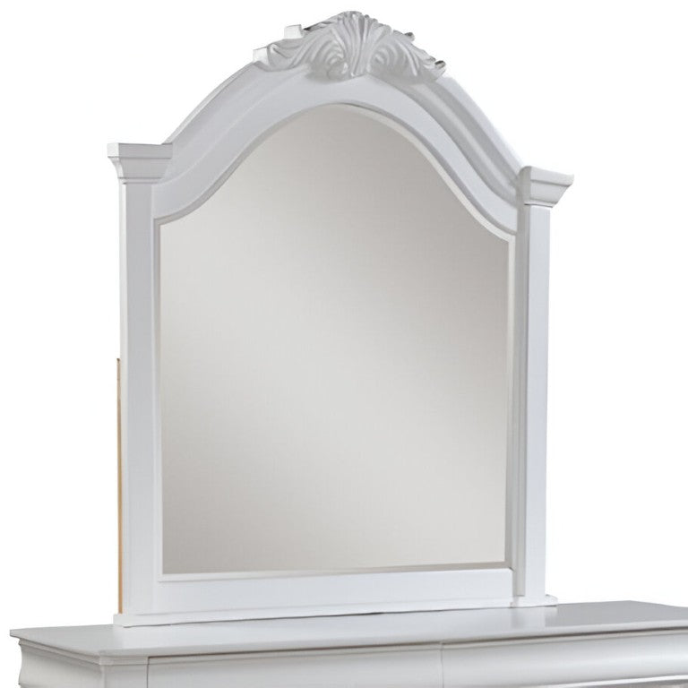HomeRoots 43 Inch Solid Wood Dresser Mirror in White Crowned Frame for Bedroom Vanity 486460