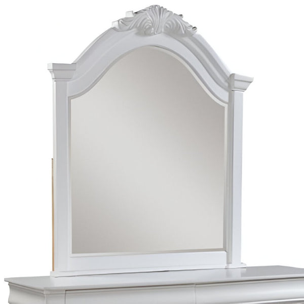 HomeRoots 43 Inch Solid Wood Dresser Mirror in White Crowned Frame for Bedroom Vanity 486460