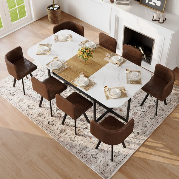 English Elm 9-piece Square Dining Set Seats 8 with Suede Chairs and Two-tone Metal Frame Brown,White,Wood W3875S00145