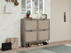 English Elm 4 Door Rattan Shoe Cabinet with Pine Legs Slim Entryway Storage Modern Style W688P173281