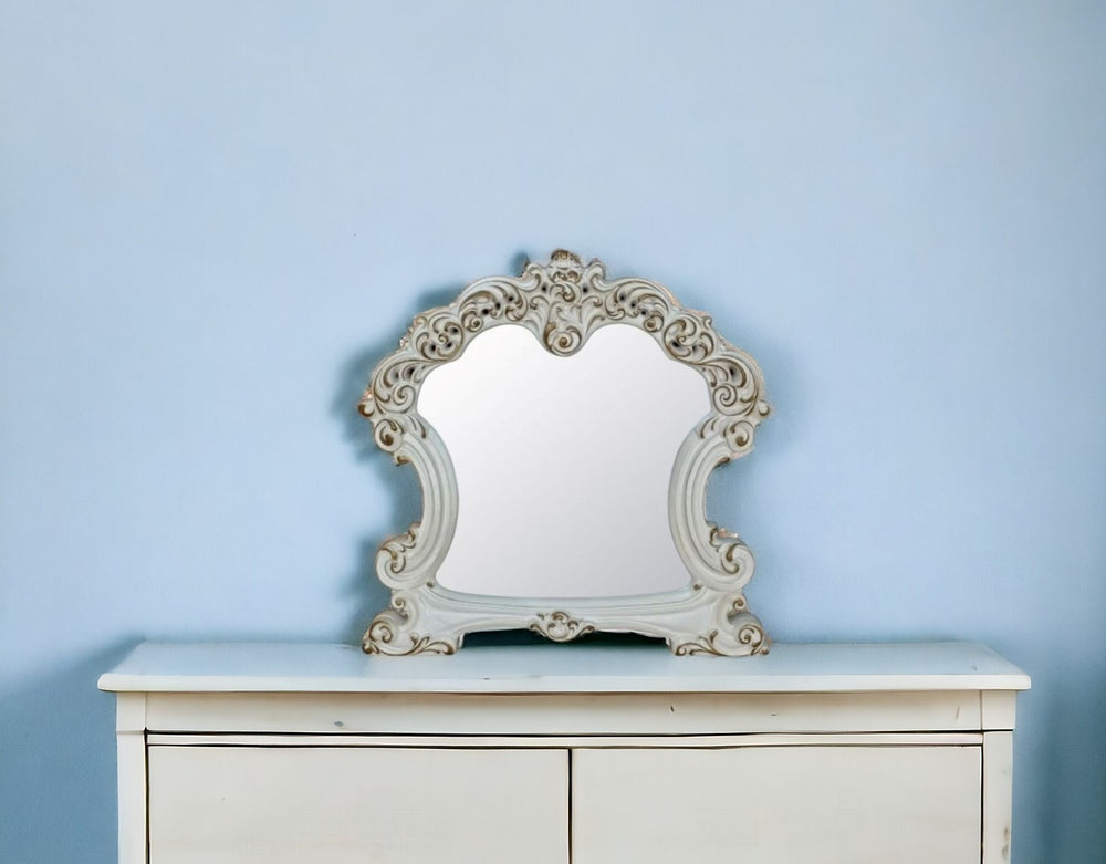 Homeroots 45" Antique Pearl Finish Irregular Dresser Mirror  Mirror,Pu,Wood (Aspen,Poplar),Veneer,Poly,Resin,Mdf 486510