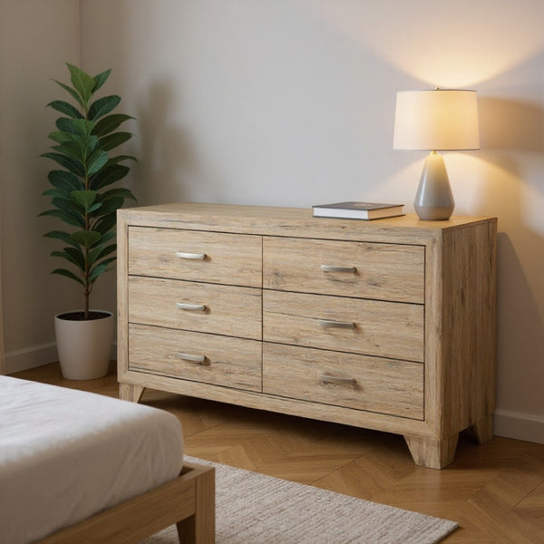 HomeRoots 59" Rustic Double Dresser with Six Drawers for Stylish Storage – Perfect for Modern Bedrooms! Natural 486515