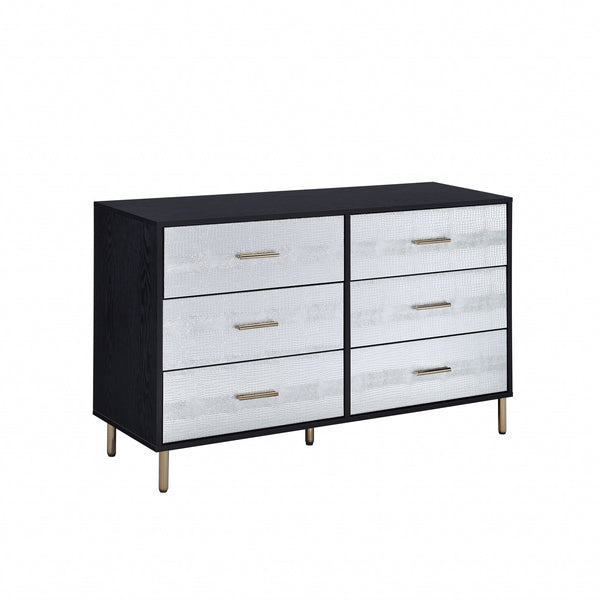 Homeroots 47" Black  Silver And Gold Faux Croc Design Six Drawer Double Dresser  Manufactured Wood 486520