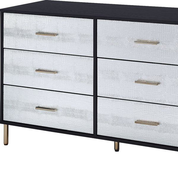 Homeroots 47" Black  Silver And Gold Faux Croc Design Six Drawer Double Dresser  Manufactured Wood 486520