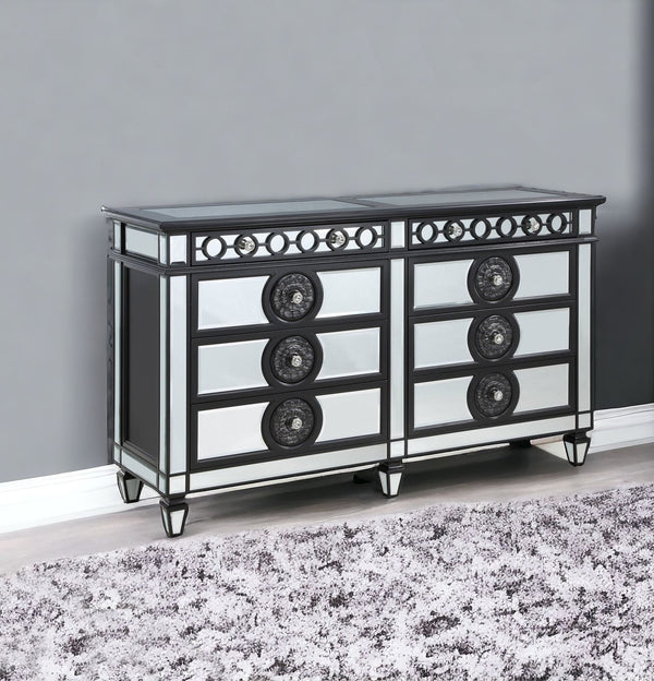 Homeroots 68" Black And Silver Solid And Manufactured Wood Mirrored Eight Drawer Double Dresser  Solid And Manufactured Wood 486522