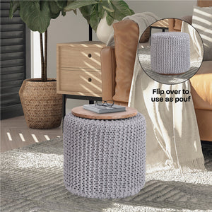 Homeroots 16" Light Gray Cotton Blend Round Pouf Ottoman Light Grey  486528