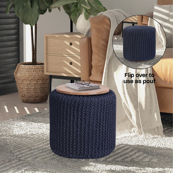 Homeroots 16" Navy Blue Cotton Blend Round Pouf Ottoman Navy  486529