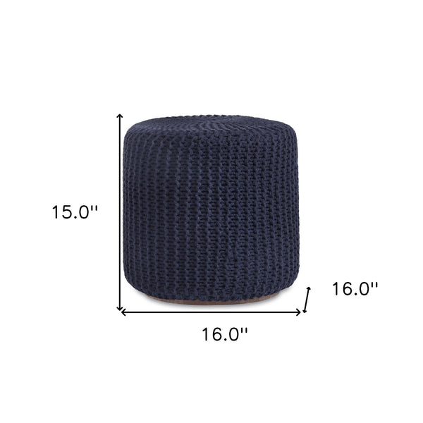 Homeroots 16" Navy Blue Cotton Blend Round Pouf Ottoman Navy  486529
