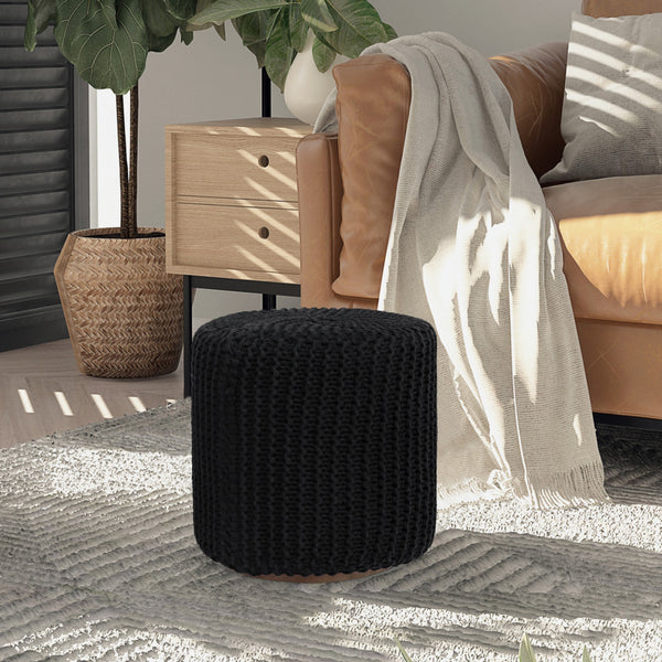 Homeroots 16" Black Cotton Blend Round Pouf Ottoman Black  486530