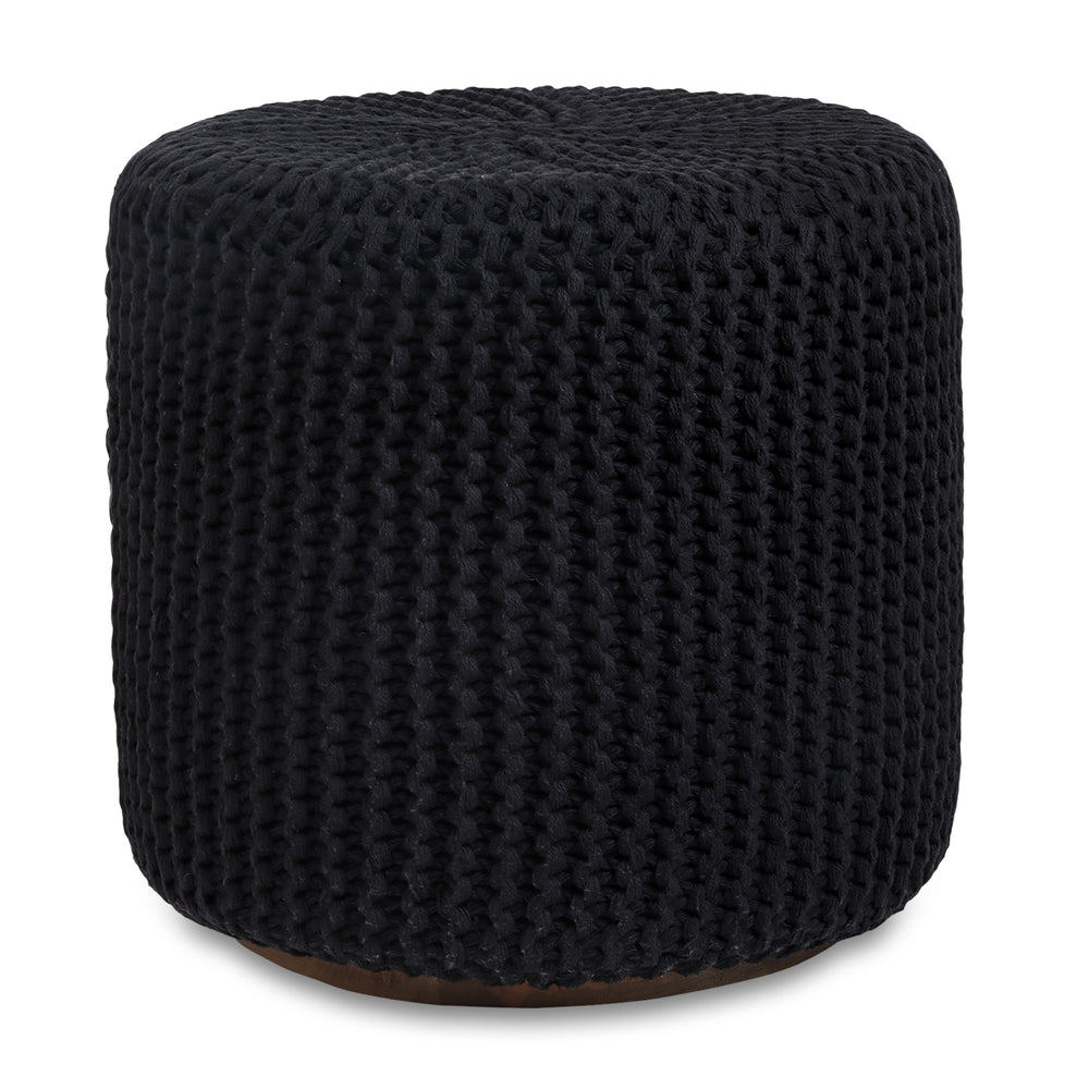 Homeroots 16" Black Cotton Blend Round Pouf Ottoman Black  486530