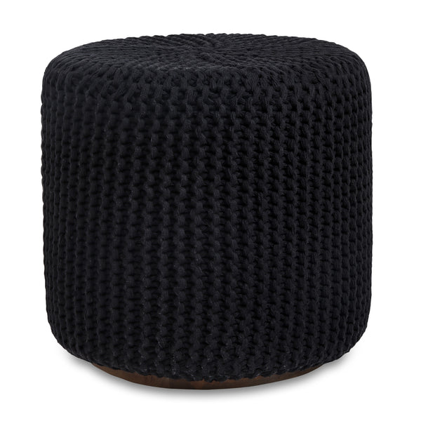 Homeroots 16" Black Cotton Blend Round Pouf Ottoman Black  486530