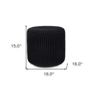 Homeroots 16" Black Cotton Blend Round Pouf Ottoman Black  486530