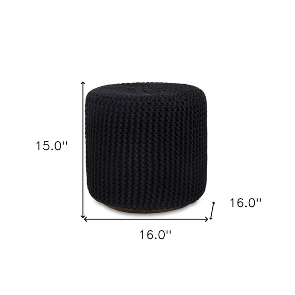 Homeroots 16" Black Cotton Blend Round Pouf Ottoman Black  486530