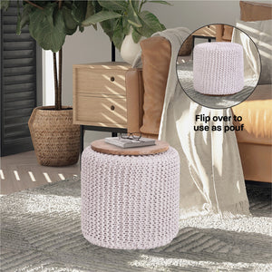 Homeroots 16" White Cotton Blend Round Pouf Ottoman White  486531