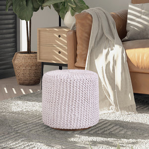 Homeroots 16" White Cotton Blend Round Pouf Ottoman White  486531