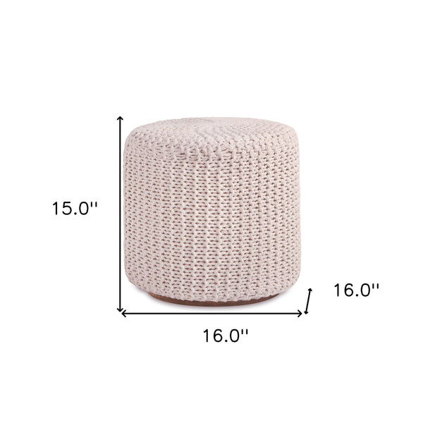 Homeroots 16" Ivory Cotton Blend Round Pouf Ottoman Ivory  486532