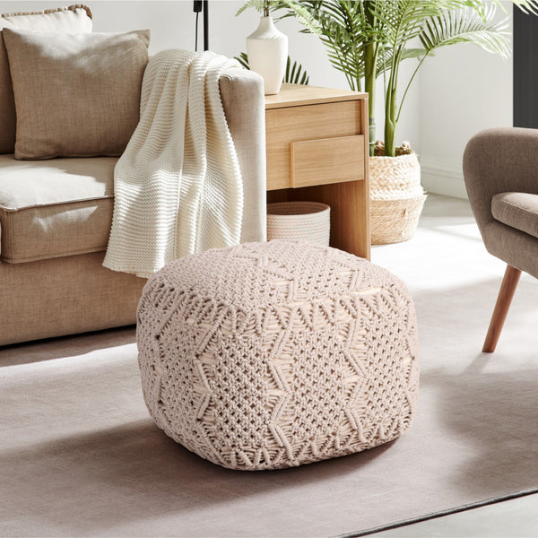 Homeroots 18" Ivory Cotton Blend Pouf Ottoman Ivory  486539