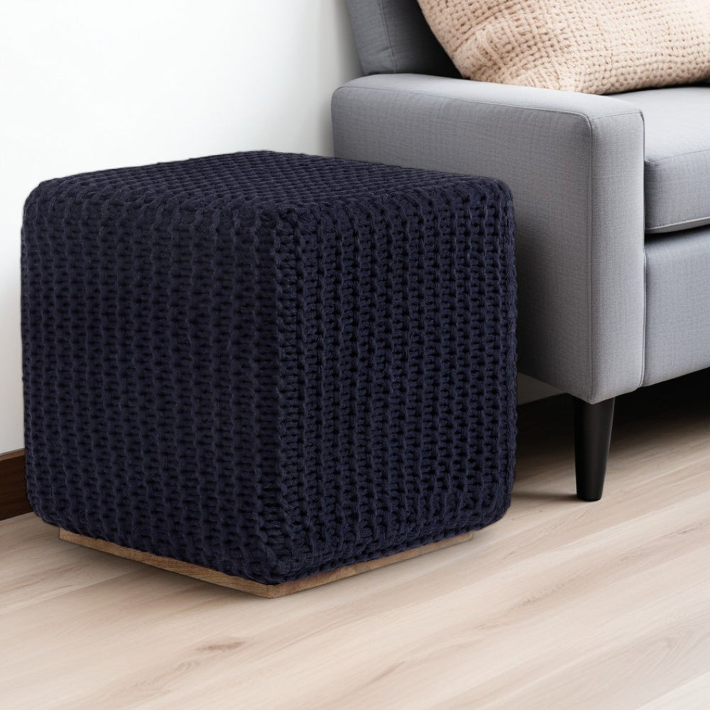 HomeRoots 16" Modern Cotton Blend Pouf Ottoman - Versatile Accent for Living Spaces, Soft & Stylish Comfort Navy 486544