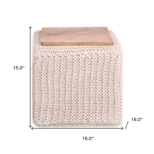 Homeroots 16" Ivory Cotton Blend Pouf Ottoman Ivory  486548