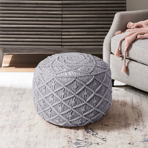 Homeroots 18" Light Gray Cotton Blend Round Geometric Pouf Ottoman Light Grey  486549